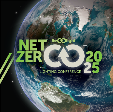 Recolight Net Zero CO2 2025 logo conference on background of glowing Earth.