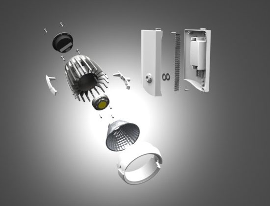 An exploded view of a spotlight